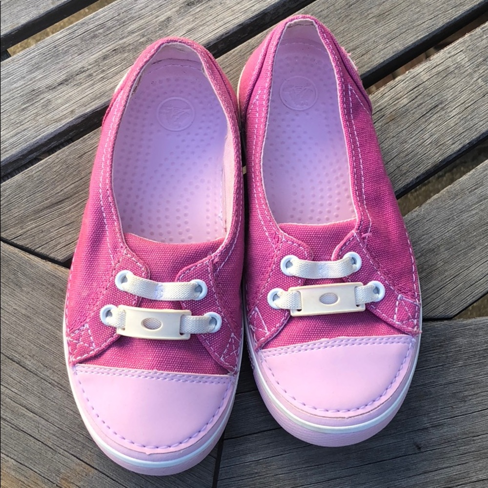 Girls canvas Crocs J2 pink with gold flecks